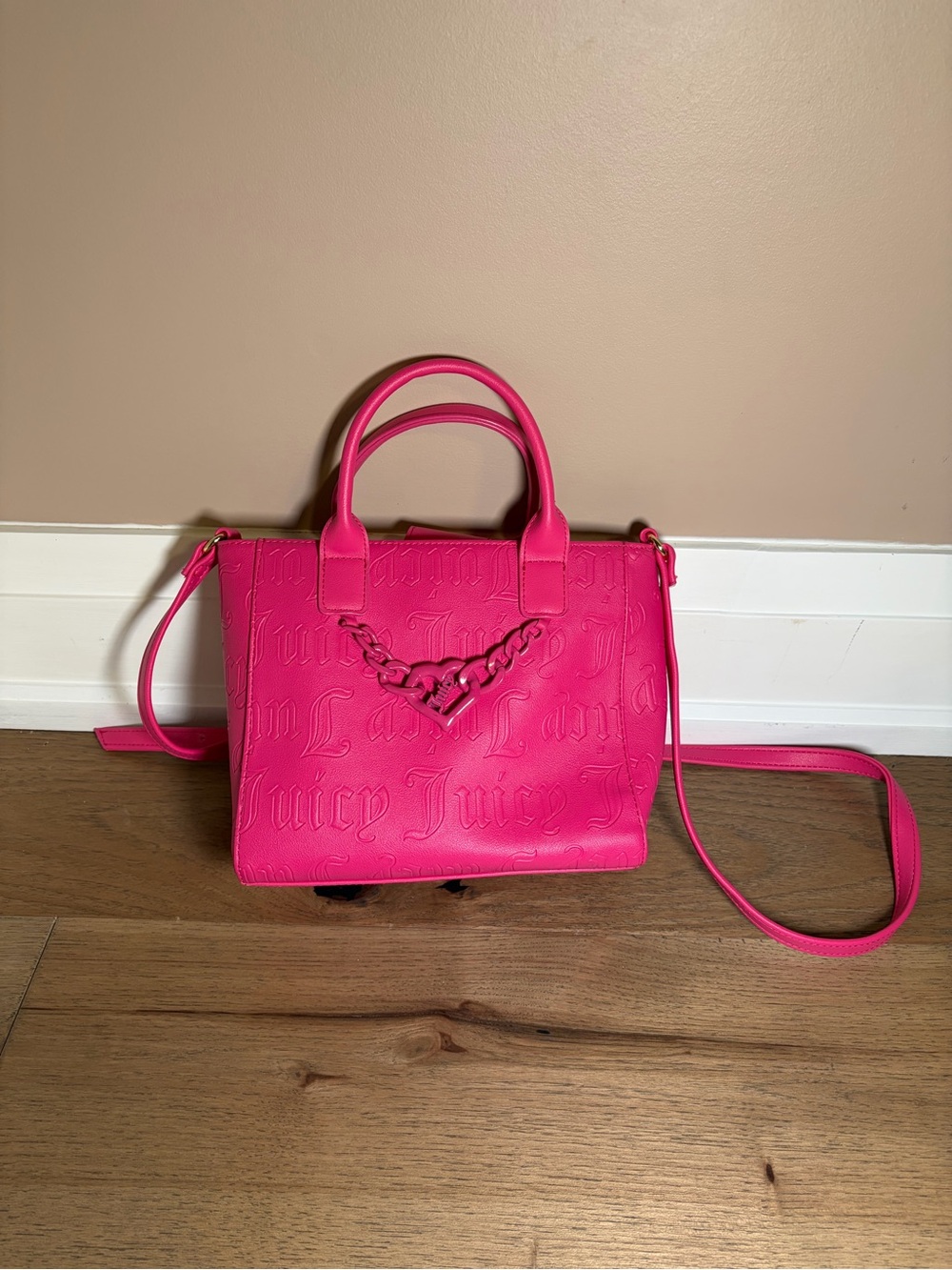 Juicy Couture Neon Pink Embossed Logo Satchel with Chain Accent